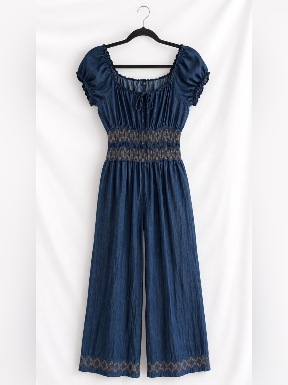 Indigo & Lace Chambray Smocked Wide Leg Jumpsuit Boho Cottagecore Pockets Medium - Picture 2 of 9